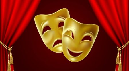 Theatrical mask on a red background. Mesh. Clipping Mask